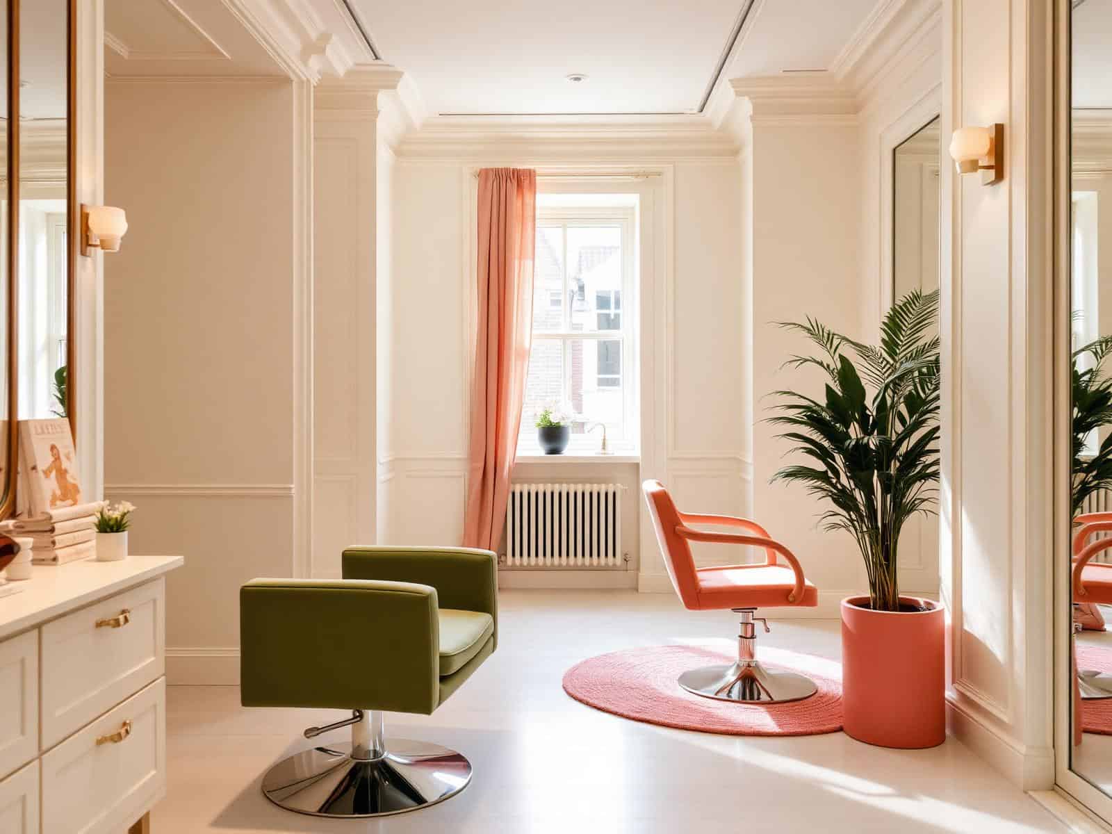 Modern salon interior with green and orange chairs, large window, and potted plant.