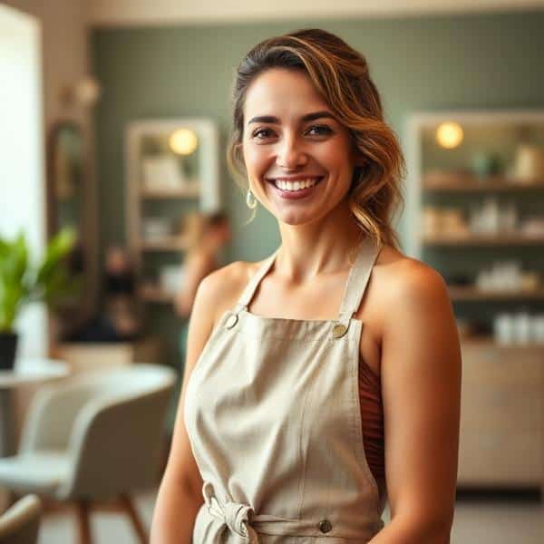 Smiling woman in beauty salon wearing apron, friendly and professional.
