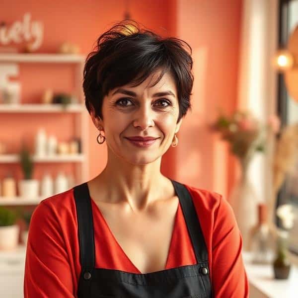 Portrait of a smiling woman owner of BeautX beauty salon in a cozy interior.
