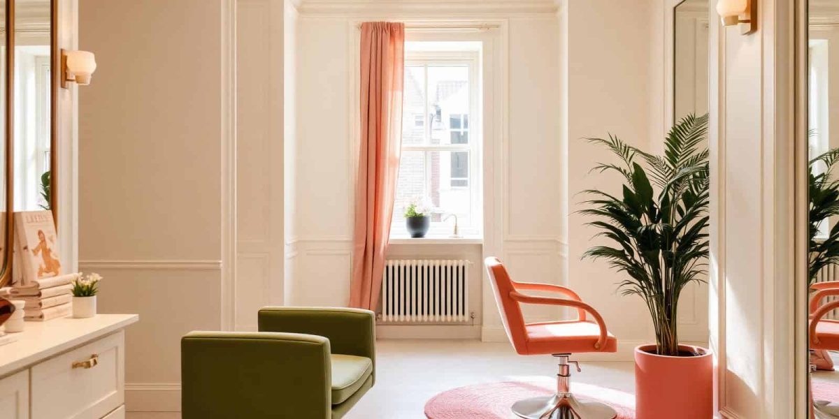 Elegant beauty salon interior with modern chairs and large window.
